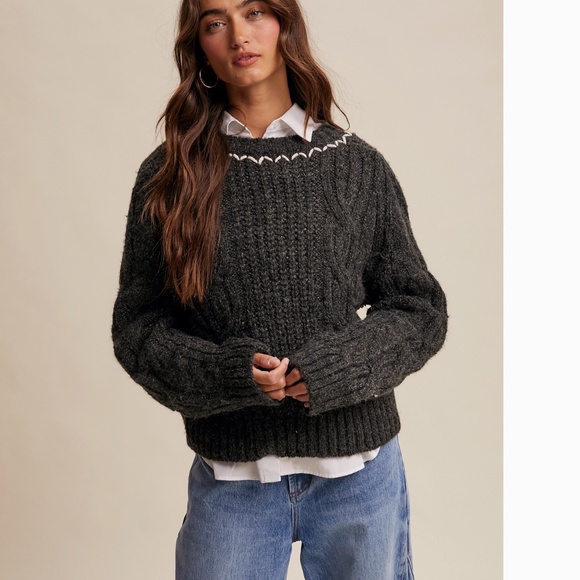 Listicle “ Theresa “ Listicle Braided Knit Sweater with Decorative Stitch 44 - Picture 3 of 11